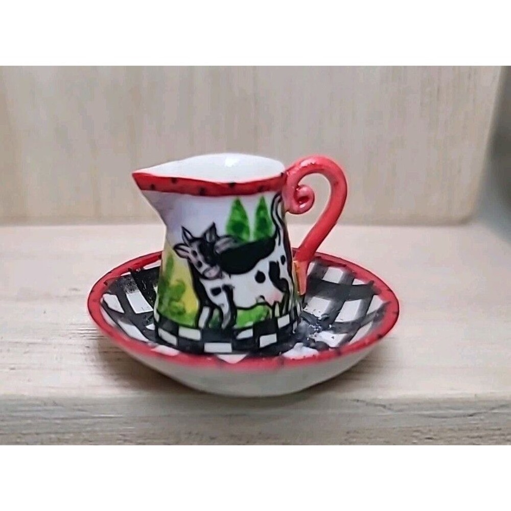 Vintage Miniature Cow Pitcher  & Bowl Farmhouse Black White Checkered